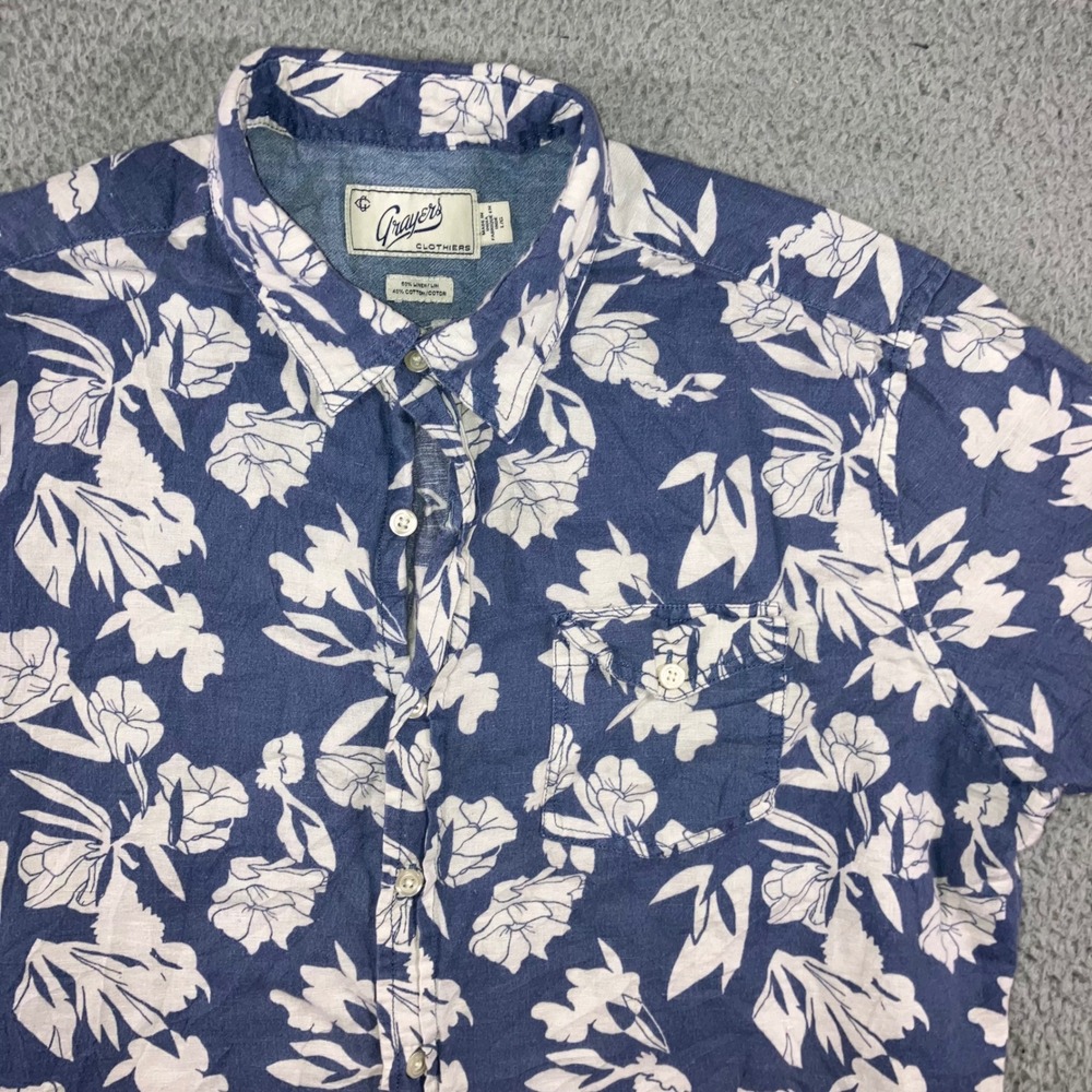 Grayers Hawaiian Shirt Men L Blue White Floral Linen Cotton S/S Beach Vaca Aloha